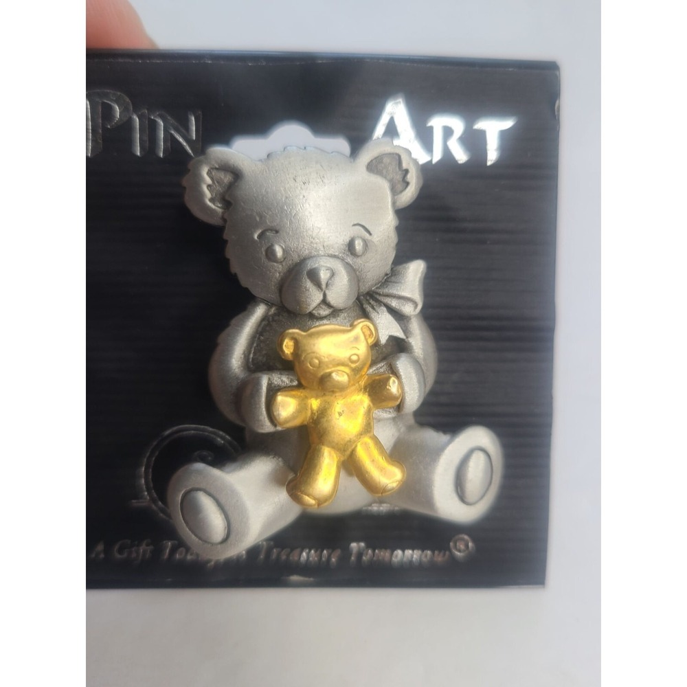 Spoontique Pewter Teddy w/Baby Pin Art Silvertone two tone Brooch